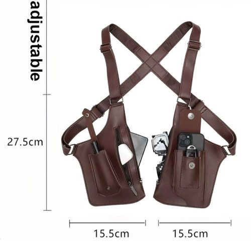 Brown tactical leather armor crossbody pack, adjustable strap double shoulder armpit bag, anti-pickpocket hidden wallet design with multi-pocket, portable storage bag for daily outdoor travel use, free shipping and cash on delivery