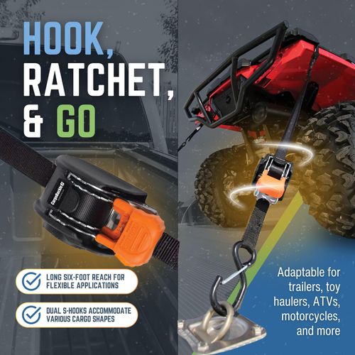 CargoBuckle Mini G3 retractable ratchet straps, 1 inch width & 6 ft length, 1400 lbs break strength, equipped with dual S-hooks, sturdy tie down straps for trailers, toy haulers, ATVs and motorcycles, free shipping and cash on delivery