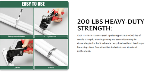 Stainless steel fastening strap tool | Four times stronger than plastic | Includes 150 fastening straps