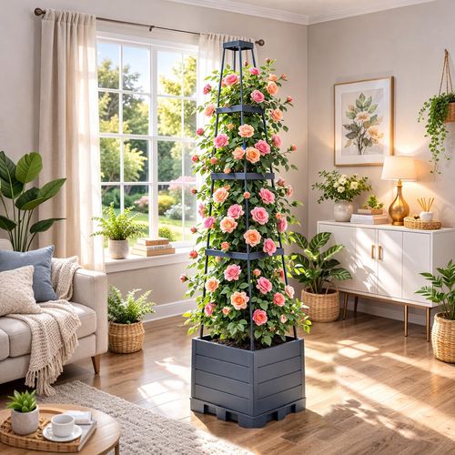 Self Watering Raised Garden Planter Bed Equipped With Trellis Tomato Cage, Ideal Planter Box For Climbing Plants, Vegetables, Vines And Flowers For Patio Balcony Outdoor Backyard Cultivation