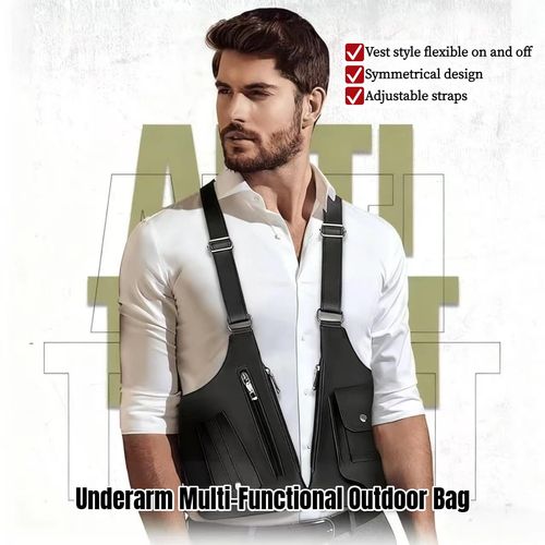 Brown tactical leather armor crossbody pack, adjustable strap double shoulder armpit bag, anti-pickpocket hidden wallet design with multi-pocket, portable storage bag for daily outdoor travel use, free shipping and cash on delivery