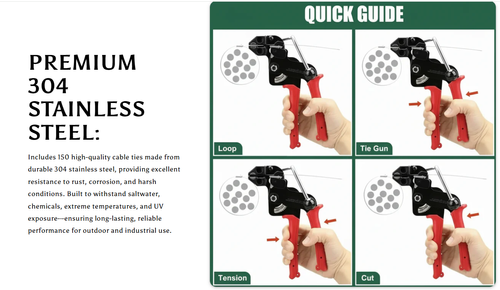 Stainless steel fastening strap tool | Four times stronger than plastic | Includes 150 fastening straps