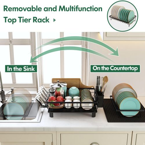 Extra large black metal dish drying rack made of rust-proof stainless steel, equipped with drip tray and big spout drainage, perfect for placing plates and bowls near kitchen sink, free shipping and cash on delivery