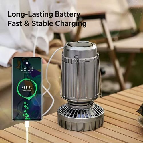 Multifunctional portable camping light integrated with solar panel and fan. Features retractable design, easy pull switch, USB direct charging and built-in lithium battery. Practical for outdoor camping, hiking and emergency use, free shipping and cash on delivery.