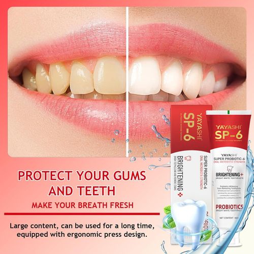 SP-6 probiotic whitening toothpaste adopts enhanced formula with 6 probiotics. Fluoride-free and enamel-safe, it protects gum health, whitens teeth and keeps breath fresh with double mint flavor, free shipping and cash on delivery.