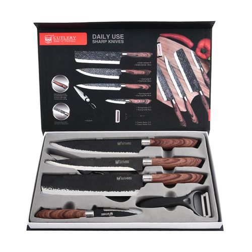 6 Pieces Forged Stainless Steel Kitchen Knife Set, Complete Cutlery Kit with Chef Slicing Paring Knives, Scissors, Ceramic Peeler and Protective Gift Storage Case for Home Cooking Use