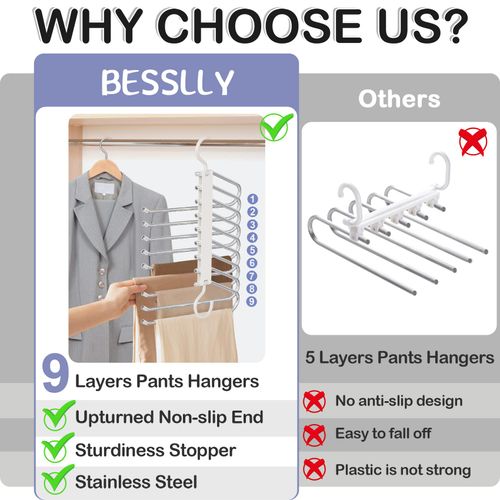 Set of 2 upgraded 9-layer pants hangers in white. Multifunctional design saves plenty of closet space, ideal for organizing pants, jeans, leggings and skirts at home, free shipping and cash on delivery.
