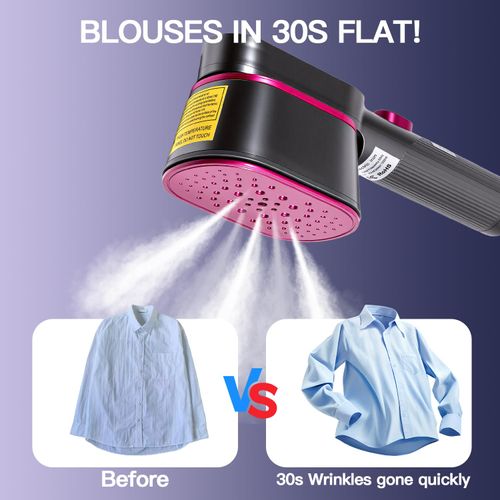 2-in-1 handheld travel garment steamer and iron in rose color, heats up within 15 seconds with large ceramic heat panel, lightweight portable design perfect for travel use, free shipping and cash on delivery.