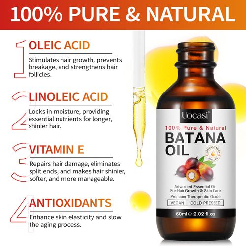100% pure natural organic batana oil in 60ml volume. Enriched with Vitamin E and essential fatty acids, it boosts hair growth effectively, healthy and gentle for daily hair care, free shipping and cash on delivery.