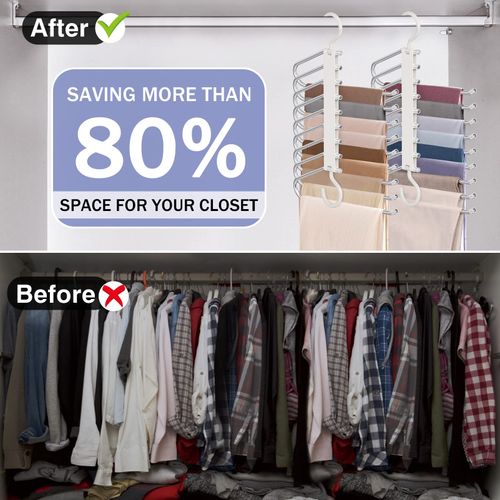 Set of 2 upgraded 9-layer pants hangers in white. Multifunctional design saves plenty of closet space, ideal for organizing pants, jeans, leggings and skirts at home, free shipping and cash on delivery.