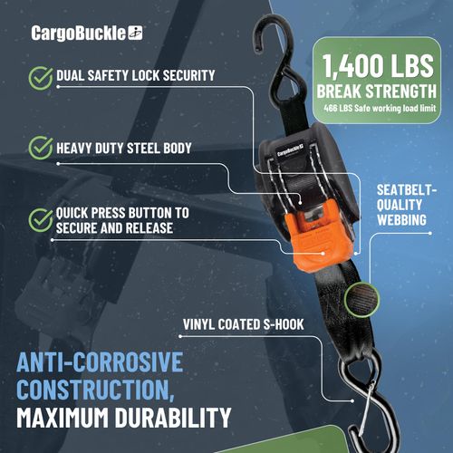 CargoBuckle Mini G3 retractable ratchet straps, 1 inch width & 6 ft length, 1400 lbs break strength, equipped with dual S-hooks, sturdy tie down straps for trailers, toy haulers, ATVs and motorcycles, free shipping and cash on delivery
