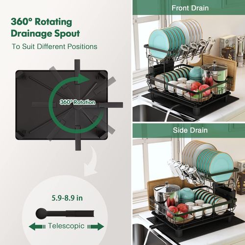 Extra large black metal dish drying rack made of rust-proof stainless steel, equipped with drip tray and big spout drainage, perfect for placing plates and bowls near kitchen sink, free shipping and cash on delivery