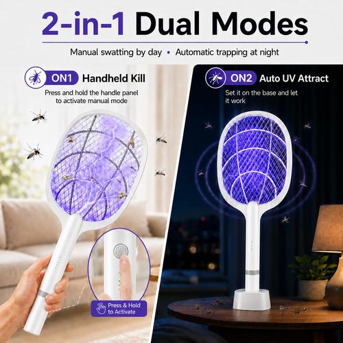 Buy 1 Get 2 rechargeable electric fly swatter equipped with UV light trap and charging base. It can eliminate mosquitoes, flies, bees and moths efficiently, perfect for indoor household use, free shipping and cash on delivery.