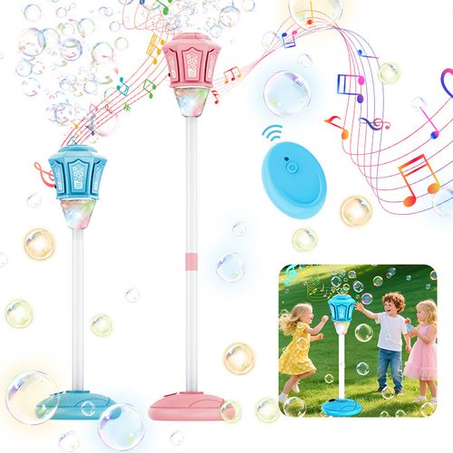 Battery powered automatic standing bubble machine for kids, height adjustable up to 47 inches, built-in lights and music, suitable for outdoor activities and toddler birthday party gifts, free shipping and cash on delivery