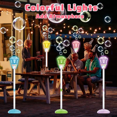 Battery powered automatic standing bubble machine for kids, height adjustable up to 47 inches, built-in lights and music, suitable for outdoor activities and toddler birthday party gifts, free shipping and cash on delivery