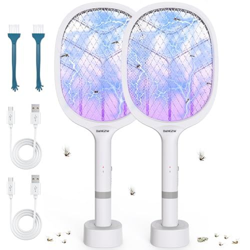 Buy 1 Get 2 rechargeable electric fly swatter equipped with UV light trap and charging base. It can eliminate mosquitoes, flies, bees and moths efficiently, perfect for indoor household use, free shipping and cash on delivery.