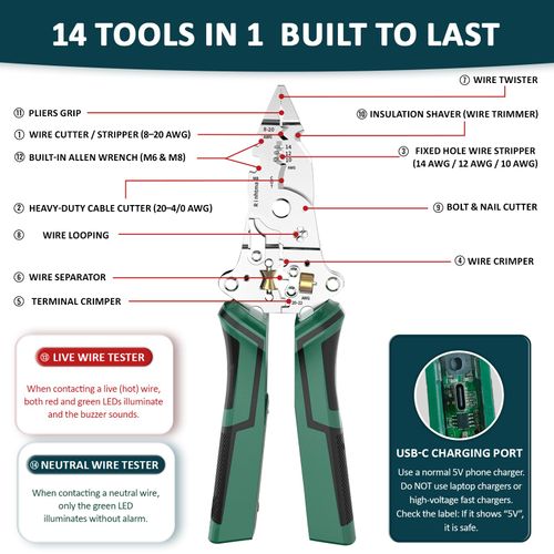 2026 New 14 In 1 Rechargeable Electric Wire Stripping Pliers, 12-250V Voltage Detector Tester With Alarm Reminder, Multi Functional Heavy Duty Wire Stripper Cutter For Electrician Home And Professional Wiring Projects