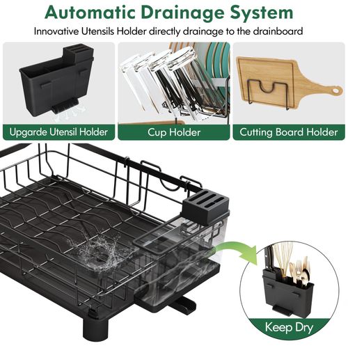 Extra large black metal dish drying rack made of rust-proof stainless steel, equipped with drip tray and big spout drainage, perfect for placing plates and bowls near kitchen sink, free shipping and cash on delivery