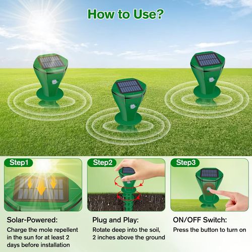 2 Pack Green Solar Powered Ultrasonic Mole Repeller, Waterproof Outdoor Pest Repellent to Repel Moles, Gophers, Snakes, Chipmunks and Groundhogs for Lawn Garden Yard
