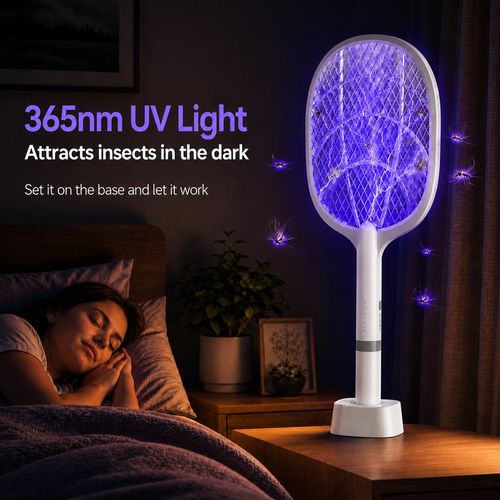 Buy 1 Get 2 rechargeable electric fly swatter equipped with UV light trap and charging base. It can eliminate mosquitoes, flies, bees and moths efficiently, perfect for indoor household use, free shipping and cash on delivery.