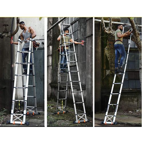 Heavy duty A-type aluminum telescopic extension ladder, max load up to 337 lb, equipped with stabilizer, multi-purpose design for daily use, free shipping and cash on delivery