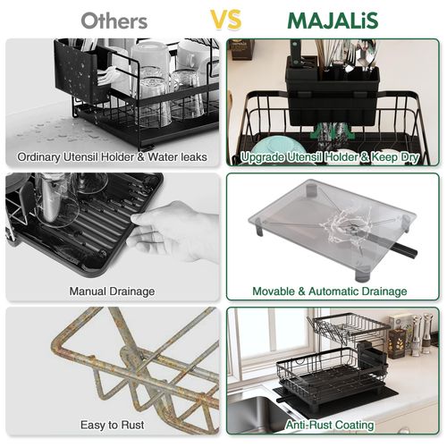 Extra large black metal dish drying rack made of rust-proof stainless steel, equipped with drip tray and big spout drainage, perfect for placing plates and bowls near kitchen sink, free shipping and cash on delivery