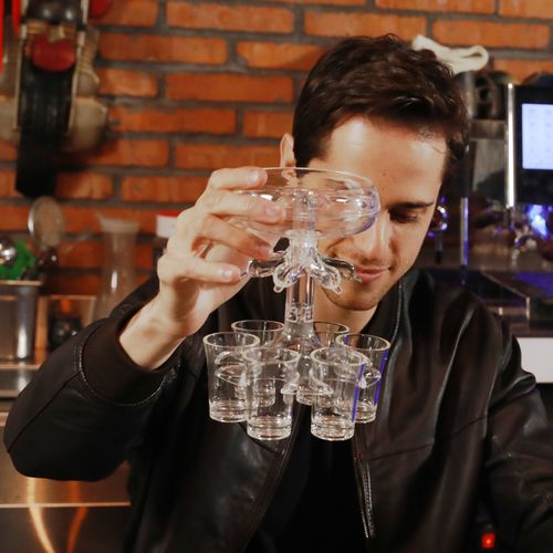 6-shot liquid dispenser and cup carrier, practical liquor pourer and liquid separator, ideal bar drinking accessory for pouring and carrying spirits, sturdy and easy to use, free shipping and cash on delivery