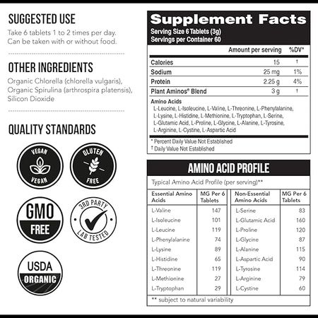 Plant Aminos Organic Essential Amino Acids (EAAs) & BCAA - 100% Plant-Based Raw, Vegan - All 9 Amino Acids with 18 Total Amino Acids (360 Tablets)