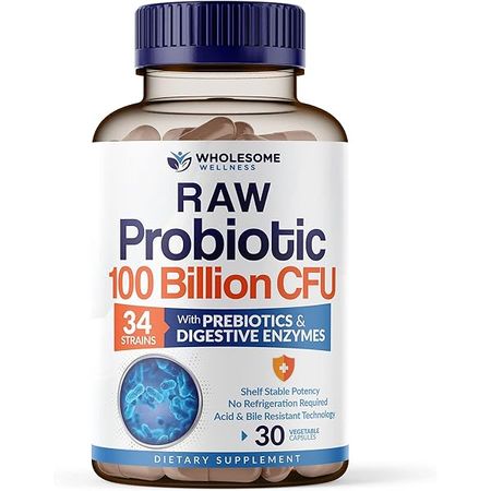 Wholesome Wellness Organic Raw Probiotics 100 Billion CFU, Dr Formulated for Women and Men, Complete Adult Supplement with Prebiotics and Digestive Enzymes; 30 Capsules, Shelf Stable
