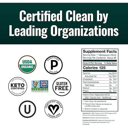 Natural Force Organic Pure C8 MCT Oil – Liquid MCT Oil in Glass Bottle Container – Concentrated Caprylic Acid – Keto, Paleo, Kosher, Vegan & Non-GMO – Lab Tested for Quality and Purity, 32 Ounce