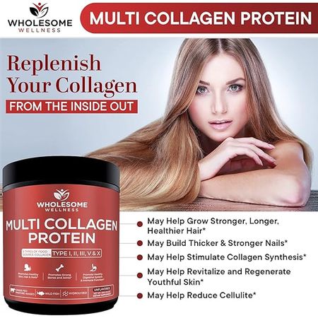 Wholesome Wellness Multi Collagen Protein Powder Hydrolyzed (Type I II III V X) Grass-Fed All-in-One Super Bone Broth + Peptides - Premium Blend of Beef, Chicken, Wild Fish, Eggshell, 58 Servings
