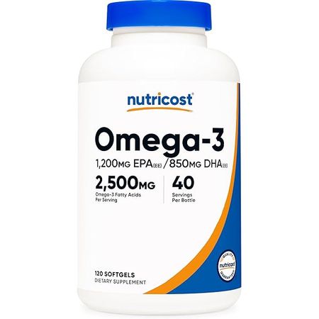Nutricost Omega 3 Fish Oil - 2500MG, 120 Softgels (40 Serv) - Fish Oil, Wild Caught! 1200mg EPA 850mg DHA - Non-GMO, Gluten Free