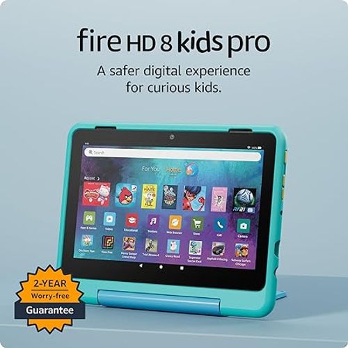 New Amazon Fire HD 8 Kids Pro tablet, ages 6-12. Bright 8 HD screen, includes ad-free content, parental controls, 13-hr battery, slim case for older kids, 64GB, Hello Teal, (2024 release)