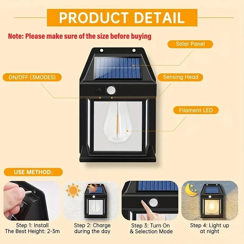 Solar Powered Outdoor Wall Light, Waterproof LED Wall Light 3 Lighting Modes, Energy Saving Night Light For Garden & Patio (1 Count)