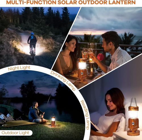 Solar-charging camping lantern with fan—portable, retractable, and suitable for hanging or carrying.