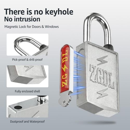 Keyless Hole Magnetic Padlock,  Holeless Waterproof Outdoor Lock, Heavy Duty Rustproof & Anti-Pry Security Lock for Gates, Sheds, Toolbox, Fence, Gym Locker & Cabinets (3 Magnetic Keys Included)