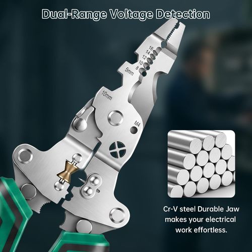 Multifunctional electrician's tool: foldable wire stripper, cutter, and crimper.