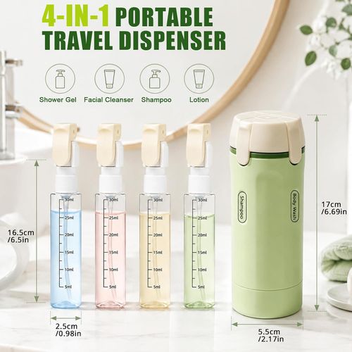4 in 1 Travel Dispenser Bottle with Cleaning Brush,4 Pack 30ml Leak Proof Refillable Travel Size Toiletries Containers for Shampoo Conditioner,Portable Travel Bottles Set for Vacation Camping & Gym