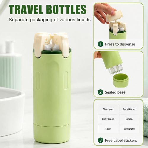 4 in 1 Travel Dispenser Bottle with Cleaning Brush,4 Pack 30ml Leak Proof Refillable Travel Size Toiletries Containers for Shampoo Conditioner,Portable Travel Bottles Set for Vacation Camping & Gym