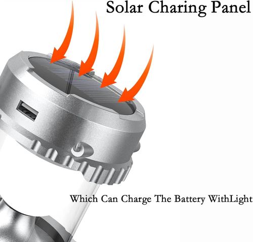 Solar-charging camping lantern with fan—portable, retractable, and suitable for hanging or carrying.
