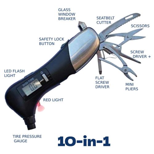 Digital Tire Pressure Gauge 10-in-1 Car Multi-Tool  - LED Flashlight, Red Light, Air Pressure Gauge, Car Window Breaker, Scissors, 2 Screwdrivers, Pliers, and Seatbelt Cutter