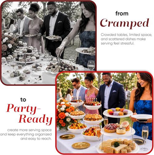Collapsible Party Tray 3 Tier Party Tray Decorative Design Folds, Minimal Storage an Elegant Serving Tray, Dessert Stand Plastic Stainless Steel for Sandwiches Cake Sliced Cheese and Fruits