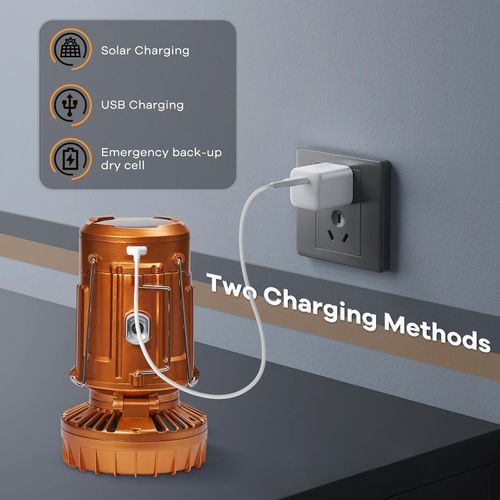 Solar-charging camping lantern with fan—portable, retractable, and suitable for hanging or carrying.