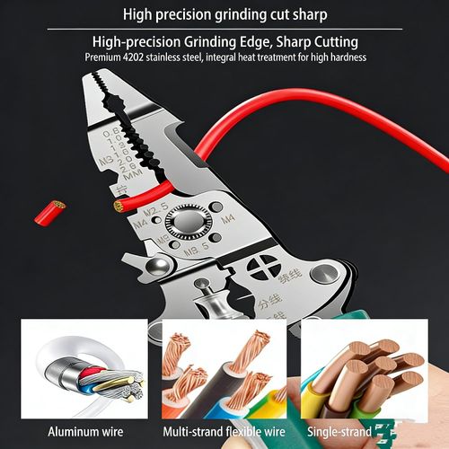 Multifunctional electrician's tool: foldable wire stripper, cutter, and crimper.