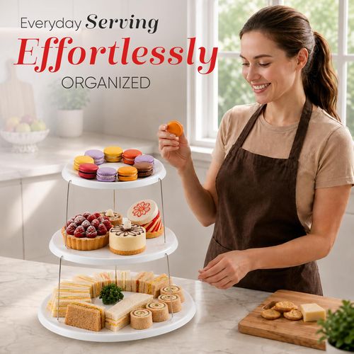 Collapsible Party Tray 3 Tier Party Tray Decorative Design Folds, Minimal Storage an Elegant Serving Tray, Dessert Stand Plastic Stainless Steel for Sandwiches Cake Sliced Cheese and Fruits