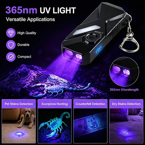 Small Powerful Flashlight with 365nm UV Black Light - Super Bright, USB C Rechargeable Led Keychain Flash Light with Side Light, Magnet