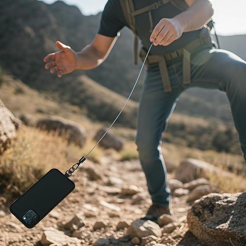 High-strength, multi-purpose retractable tether with auto-recoil and locking carabiner—anti-loss accessory for mobile phones.