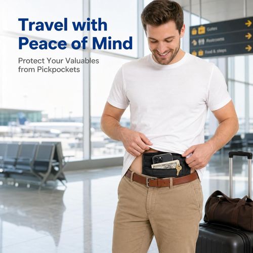 Compact waist pouch for casual travel—stores documents, coins, passport, cash, and cards.