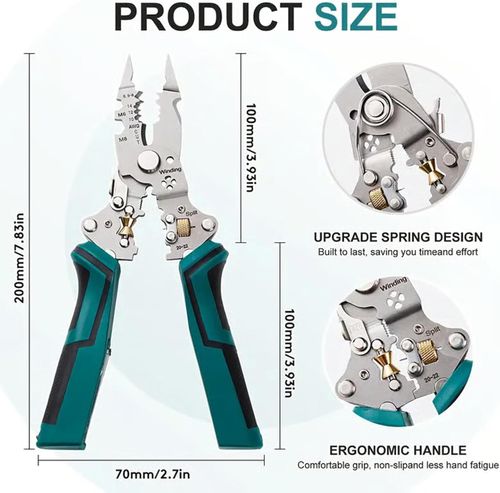 Multifunctional electrician's tool: foldable wire stripper, cutter, and crimper.