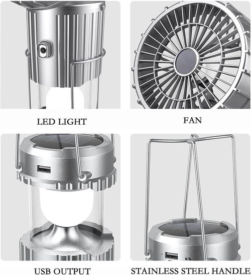 Solar-charging camping lantern with fan—portable, retractable, and suitable for hanging or carrying.
